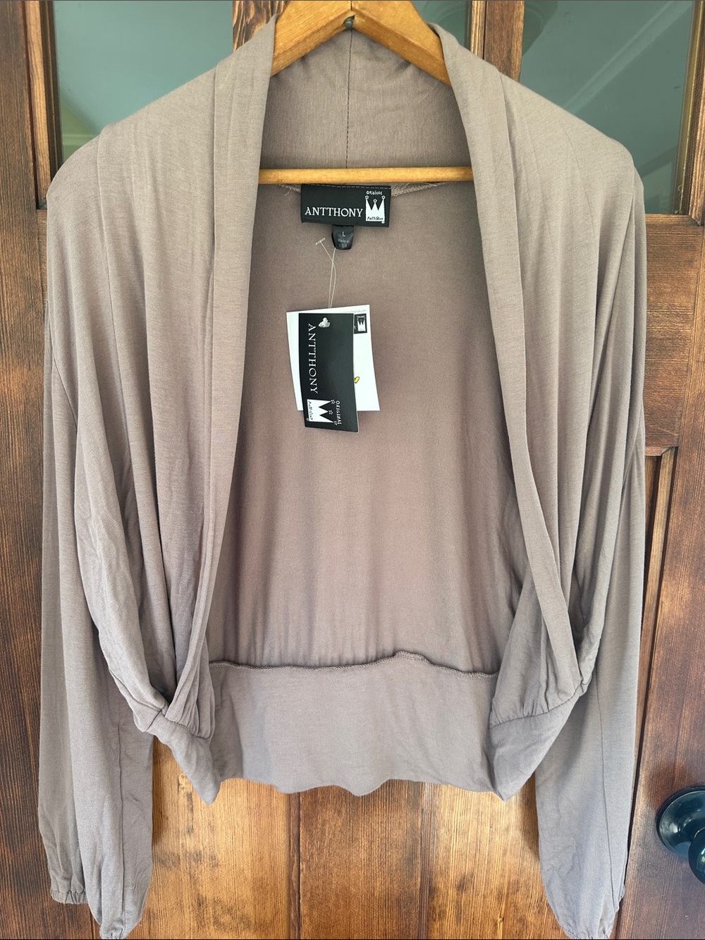 Antthony Originals Cropped Open Front Draped Shrug Cardigan Taupe Mocha L new